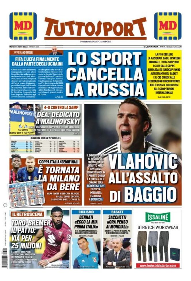 Tuttosport, la prima pagina di oggi, martedì 1° marzo 2022