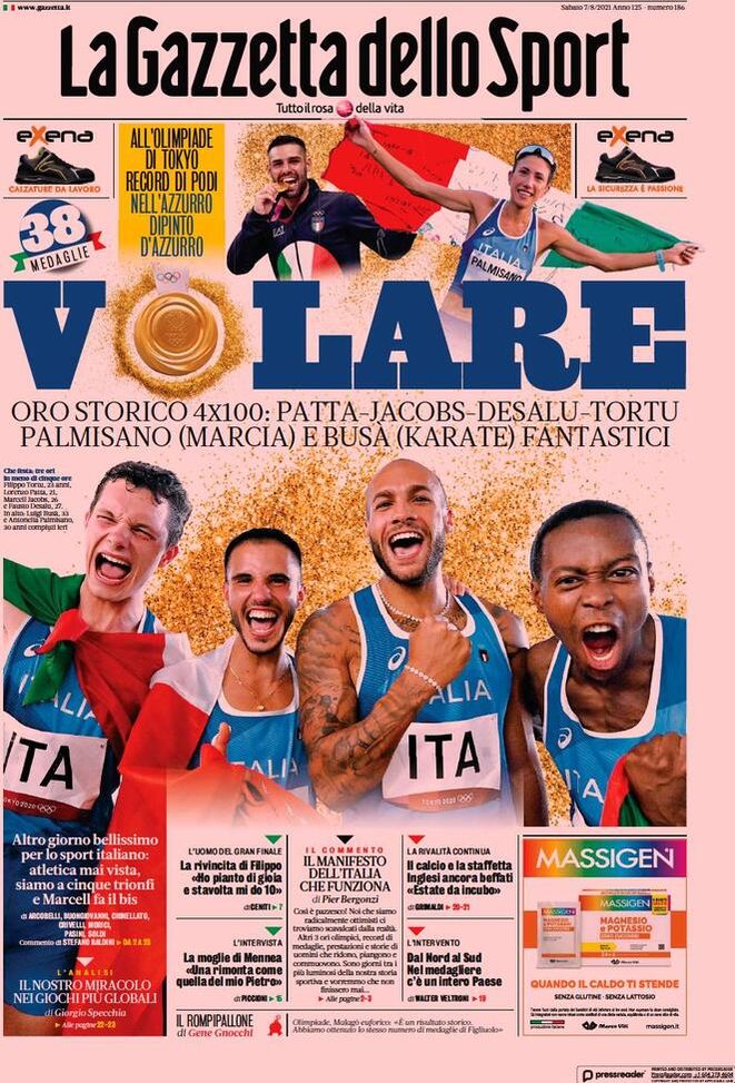 Prima Pagina, La Gazzetta dello Sport: &#8220;Volare! A Tokyo è record di podi azzurri&#8221; 