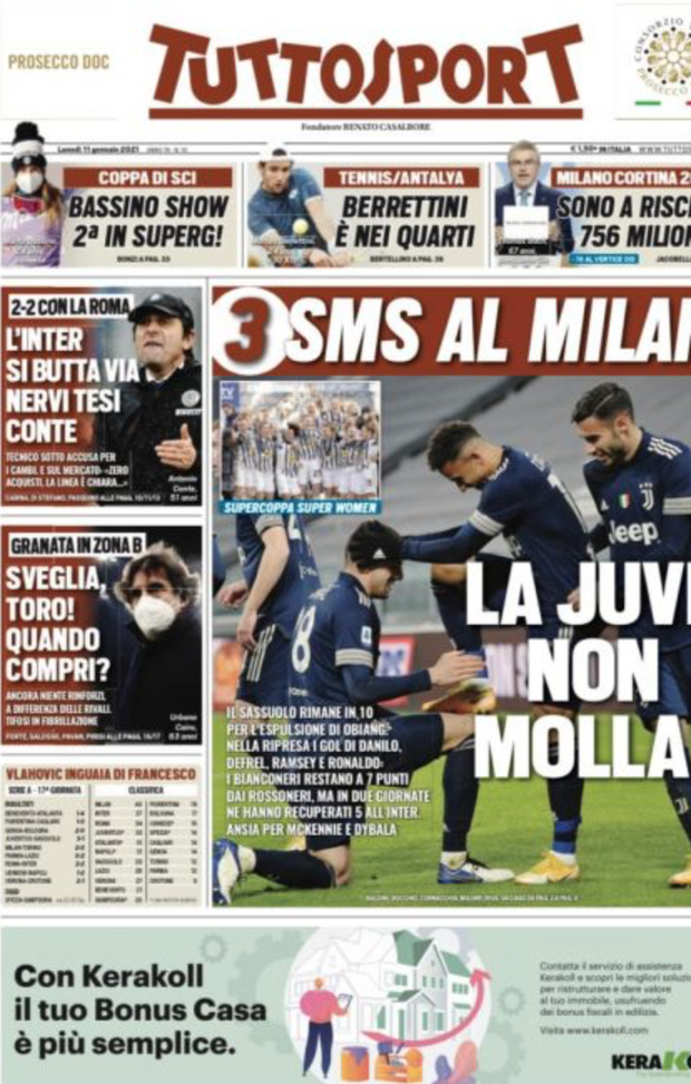 Prima pagina, Tuttosport: “3 sms al Milan, la Juve non molla! L’Inter si butta via” Prima pagina, Tuttosport: “3 sms al Milan, la Juve non molla! L’Inter si butta via”