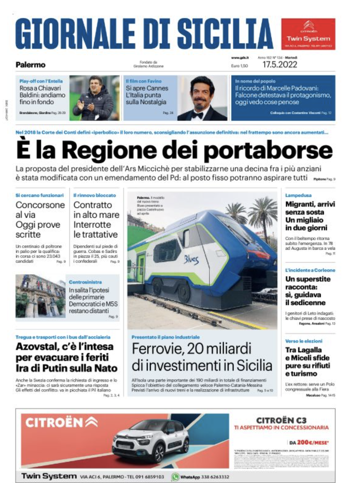 Prima Pagina, Giornale di Sicilia: “Palermo a Chiavari. Baldini, andiamo in fondo” prima pagina
