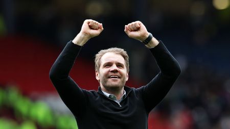 GLASGOW, SCOTLAND - APRIL 16: Robbie Neilson, Manager of Heart of Midlothian celebrates following their side's victory and advancement in the Scottish Cup Semi Final match between Heart Of Midlothian FC and Hibernian FC at Hampden Park on April 16, 2022 in Glasgow, Scotland. (Photo by Ian MacNicol/Getty Images) Robbie Neilson