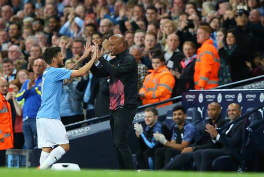 MANCHESTER, ENGLAND - SEPTEMBER 11: David Silva of Manchester City Legends is substituted by Vincent Kompany during the Vincent Kompany testimonial match between Manchester City Legends v Premier League All-Stars XI at Etihad Stadium on September 11, 2019 in Manchester, England. (Photo by Alex Livesey/Getty Images) MANCHESTER, ENGLAND - SEPTEMBER 11: David Silva of Manchester City Legends is substituted by Vincent Kompany during the Vincent Kompany testimonial match between Manchester City Legends v Premier League All-Stars XI at Etihad Stadium on September 11, 2019 in Manchester, England. (Photo by Alex Livesey/Getty Images)