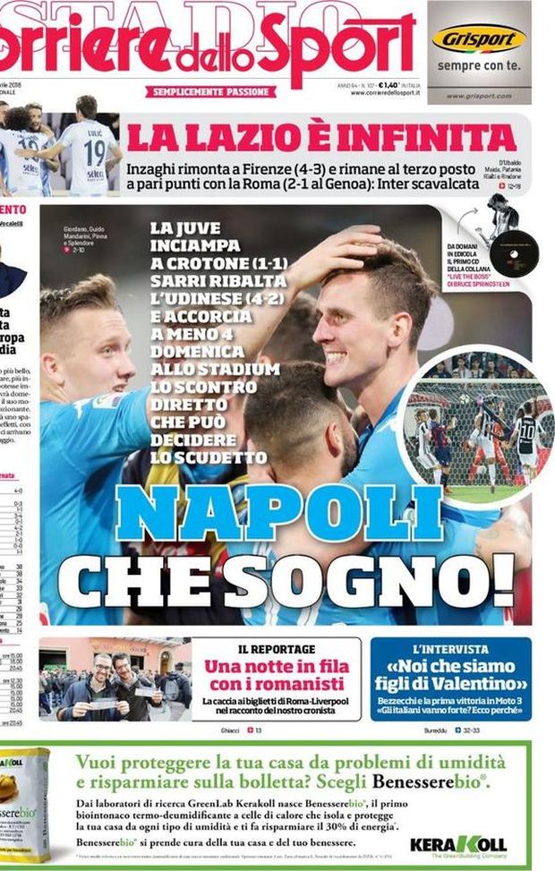 Prima Pagina, Corriere dello Sport: “Napoli, che sogno. La Juve inciampa a Crotone. Lazio infinita, terzo posto con la Roma e Inter scavalcata…” Prima Pagina, Corriere dello Sport: “Napoli, che sogno. La Juve inciampa a Crotone. Lazio infinita, terzo posto con la Roma e Inter scavalcata…”