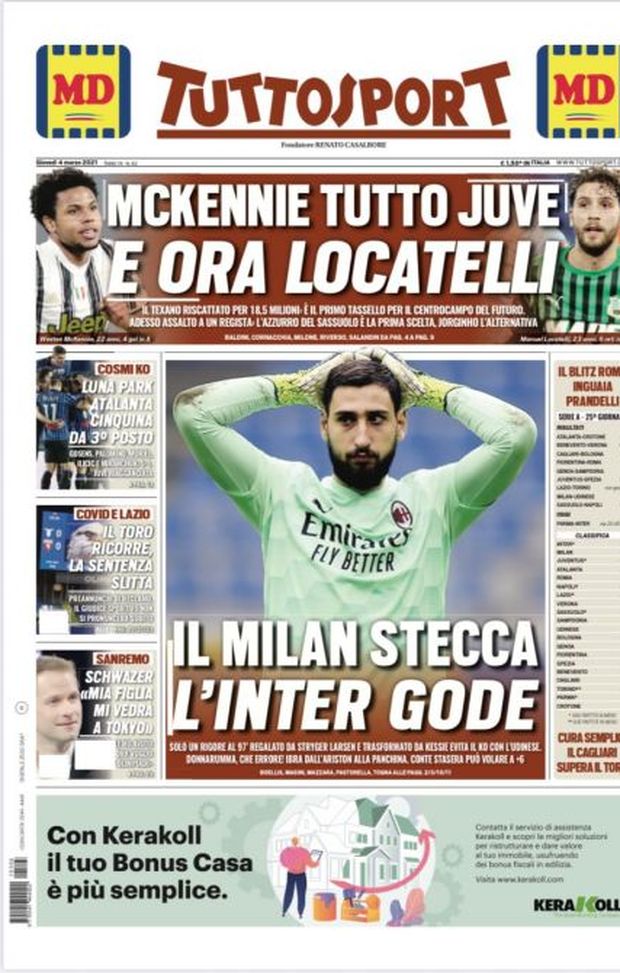 Prima Pagina, Tuttosport: &#8220;McKennie tutto Juve e ora Locatelli. Il Milan stecca, l&#8217;Inter gode&#8221; 