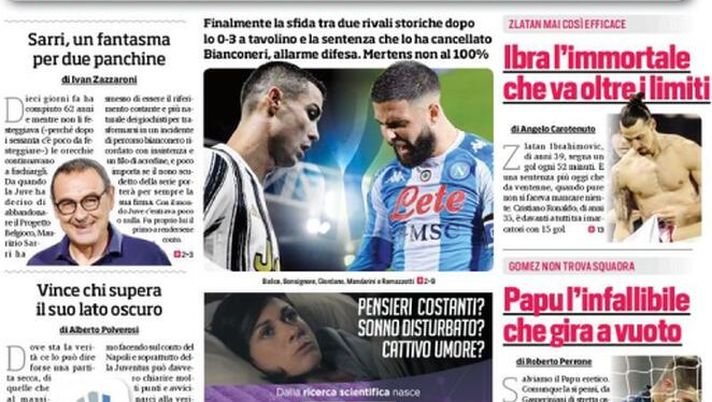 Prima Pagina, Corriere dello Sport: &#8220;Juve-Napoli, la resa dei conti! Lo Spezia batte la Roma, è caos&#8221; 