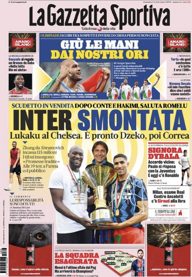 Prima Pagina, La Gazzetta dello Sport: &#8220;Inter smontata. Giù le mani dai nostri ori&#8221; 