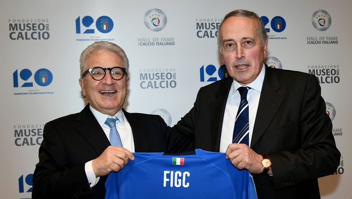 FLORENCE, ITALY - APRIL 09:  Antonio Matarrese (L) and Giancarlo Abete pose for a photo during talian Football Federation Hall Of Fame on April 9, 2018 in Florence, Italy.  (Photo by Claudio Villa/Getty Images) 