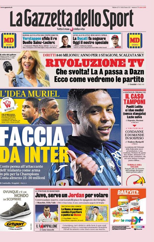 Prima Pagina, La Gazzetta dello Sport: “Rivoluzione Tv! Faccia da Inter, l’idea Muriel” 
