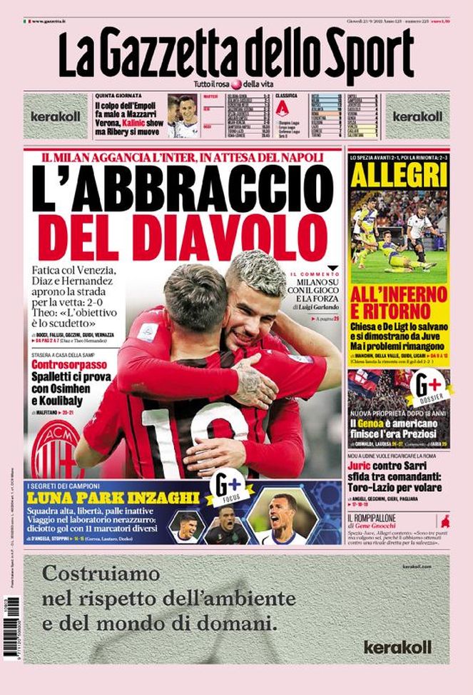 Prima Pagina, La Gazzetta dello Sport: “L’abbraccio del Diavolo”  Prima Pagina, La Gazzetta dello Sport: “L’abbraccio del Diavolo”