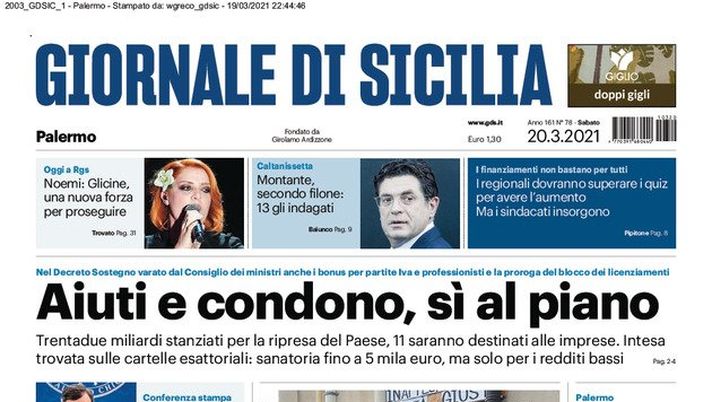 Prima Pagina, Giornale di Sicilia: “Aiuto e condono, sì al piano. Vaccini in Sicilia, calendario da rifare” Prima Pagina, Giornale di Sicilia: “Aiuto e condono, sì al piano. Vaccini in Sicilia, calendario da rifare”