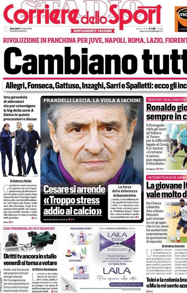 Il Corriere dello Sport, la prima pagina di oggi, mercoledì 24 marzo 2021 Il Corriere dello Sport, la prima pagina di oggi, mercoledì 24 marzo 2021