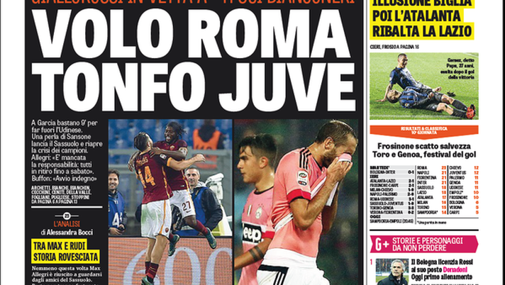 Prima Pagina, La Gazzetta dello Sport: “Volo Roma, tonfo Juve. Higuain colpisce, Palermo ko. Milan, Mihajlovic via la paura”  Prima Pagina, La Gazzetta dello Sport: “Volo Roma, tonfo Juve. Higuain colpisce, Palermo ko. Milan, Mihajlovic via la paura”