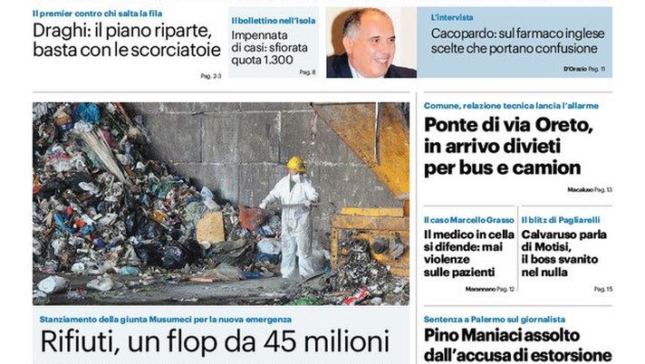 Prima Pagina, Giornale di Sicilia: &#8220;Vaccini aperti agli over 65. Rifiuti, un flop da 45 milioni&#8221; 