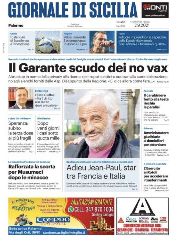Prima Pagina, Giornale di Sicilia: “Il Garante scudo dei no vax. Adieu Jean-Paul” Prima Pagina, Giornale di Sicilia: “Il Garante scudo dei no vax. Adieu Jean-Paul”
