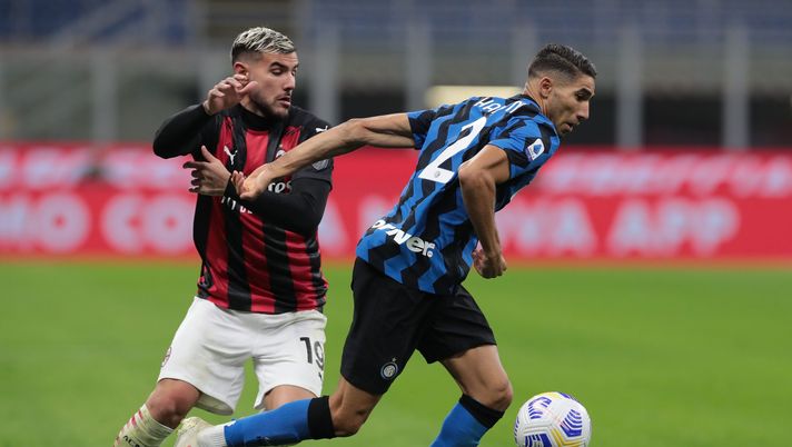 MILAN, ITALY - OCTOBER 17: Achraf Hakimi of FC Internazionale competes for the ball with Theo Hernandez of AC Milan during the Serie A match between FC Internazionale and AC Milan at Stadio Giuseppe Meazza on October 17, 2020 in Milan, Italy. (Photo by Emilio Andreoli - Inter/Inter via Getty Images) MILAN, ITALY - OCTOBER 17: Achraf Hakimi of FC Internazionale competes for the ball with Theo Hernandez of AC Milan during the Serie A match between FC Internazionale and AC Milan at Stadio Giuseppe Meazza on October 17, 2020 in Milan, Italy. (Photo by Emilio Andreoli - Inter/Inter via Getty Images)