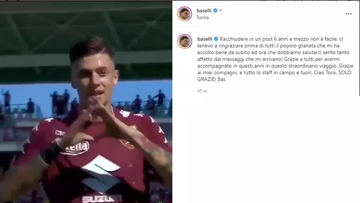 L’addio di Baselli su Instagram: “Ciao Toro, solo grazie” - immagine 1