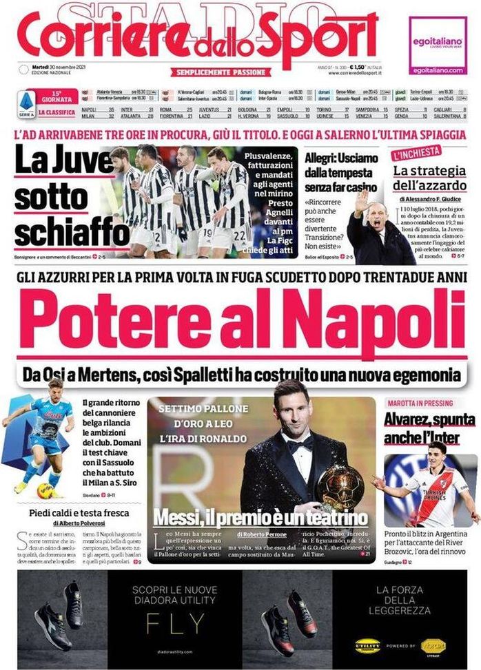 Prima Pagina, Corriere dello Sport:&#8221;Potere al Napoli. Messi, il premio è un teatrino&#8221; 