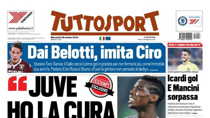 Prima Pagina, Tuttosport: “Dai Belotti, imita Immobile. Deschamps ha la cura per Pogba, a Sassuolo riecco Zaza con Dybala” Prima Pagina, Tuttosport: “Dai Belotti, imita Immobile. Deschamps ha la cura per Pogba, a Sassuolo riecco Zaza con Dybala”