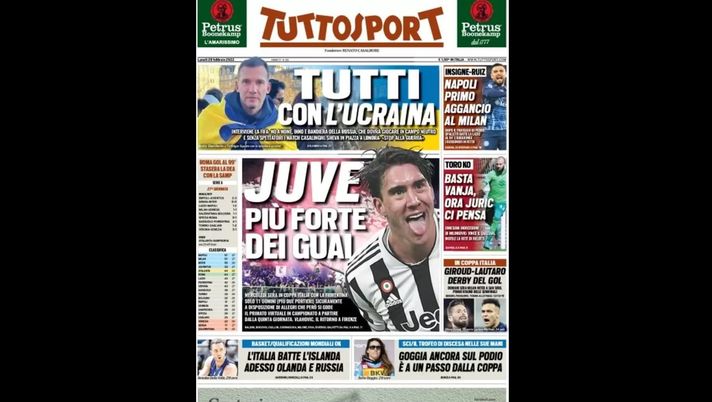 Prima Pagina, Tuttosport: “Tutti con l’Ucraina. Giroud-Lautaro, derby del gol” Prima Pagina