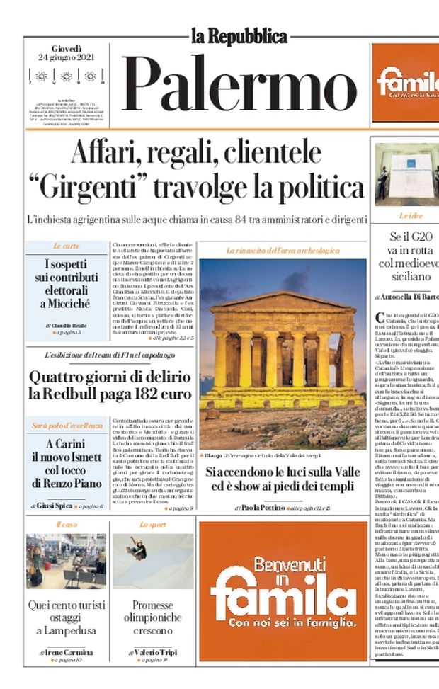 Prima Pagina, La Repubblica-Palermo: “Affari, regali, clientele: ‘Girgenti’ travolge la politica“ Prima Pagina, La Repubblica-Palermo: “Affari, regali, clientele: ‘Girgenti’ travolge la politica“