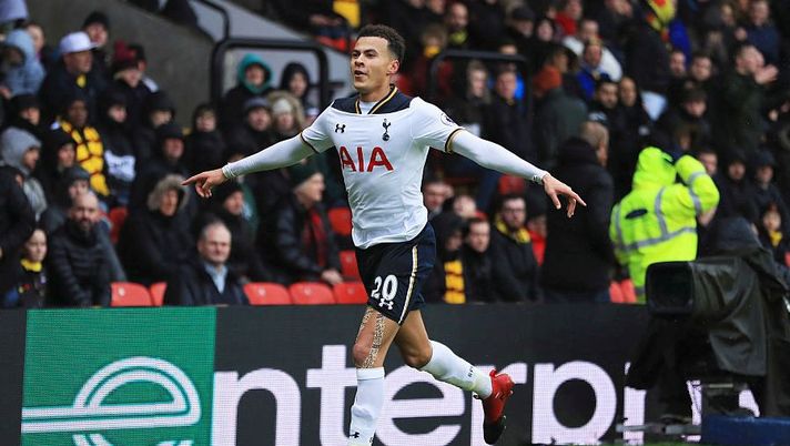 WATFORD, ENGLAND - JANUARY 01:  Dele Alli of Tottenham Hotspur celebrates as he scores their third goal during the Premier League match between Watford and Tottenham Hotspur at Vicarage Road on January 1, 2017 in Watford, England.  (Photo by Richard Heathcote/Getty Images) 