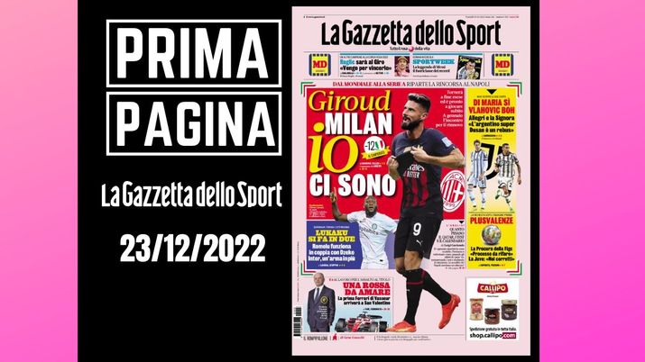 La Gazzetta dello Sport, la prima pagina di oggi, venerdì 23 dicembre 2022