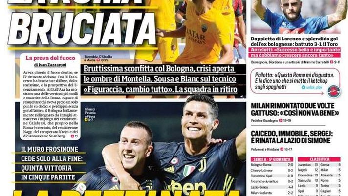 Prima Pagina, Corriere dello Sport: &#8220;La pettinata di Ronaldo. La Roma bruciata. Insigne più Verdi, grande Napoli&#8230;&#8221; 