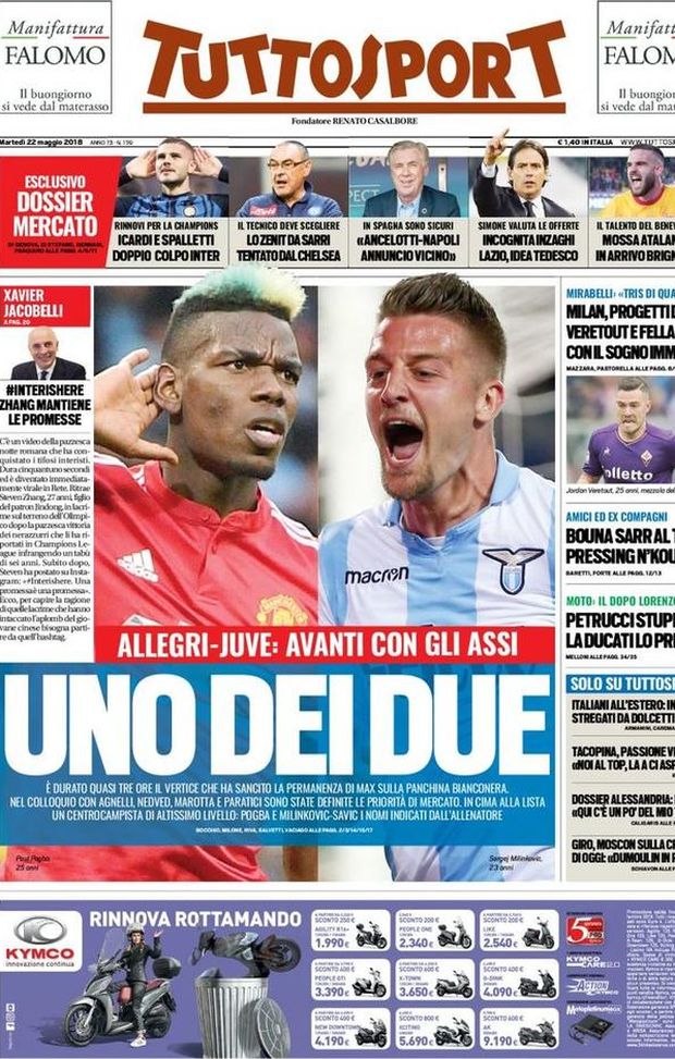 Prima Pagina, Tuttosport: “Uno dei due. Mirabelli: ‘Tris di qualità’. Rinnovi per la Champions, Icardi e Spalletti. Ancelotti-Napoli… Prima Pagina, Tuttosport: “Uno dei due. Mirabelli: ‘Tris di qualità’. Rinnovi per la Champions, Icardi e Spalletti. Ancelotti-Napoli…