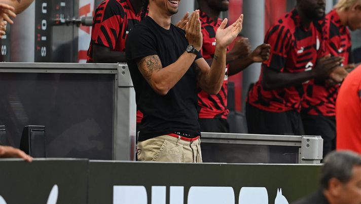 MILAN, ITALY - AUGUST 13: Zlatan Ibrahimovic of AC Milan reacts during the Serie A match between AC MIlan and Udinese Calcio at Stadio Giuseppe Meazza on August 13, 2022 in Milan, Italy. (Photo by Claudio Villa/AC Milan via Getty Images)