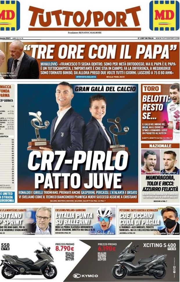 Prima Pagina, Tuttosport: “CR7-Pirlo, patto Juve! Gran Galà del calcio, trionfano Ronaldo e Ghirelli” Prima Pagina, Tuttosport: “CR7-Pirlo, patto Juve! Gran Galà del calcio, trionfano Ronaldo e Ghirelli”