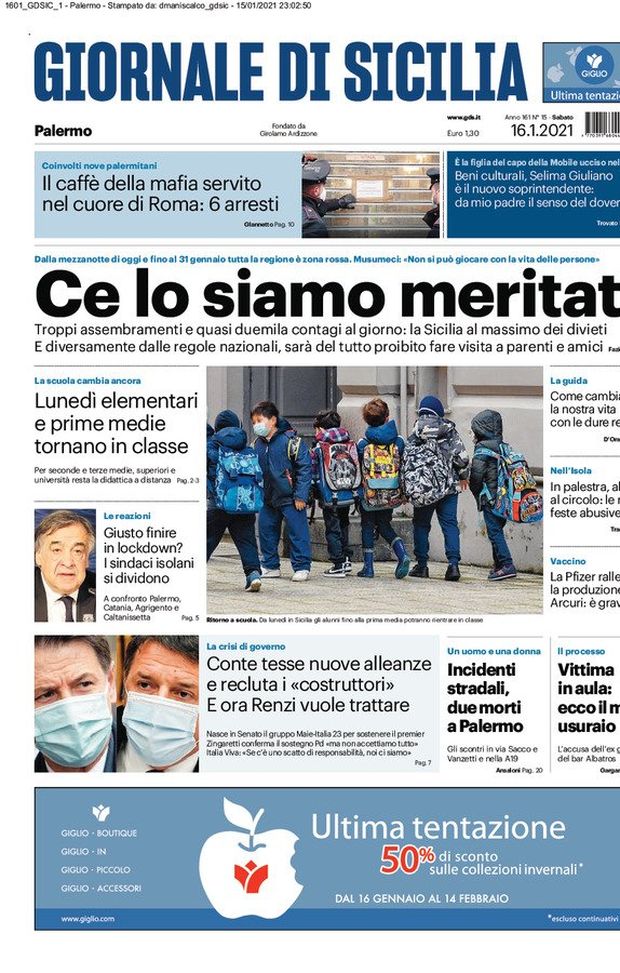 Prima Pagina, Giornale di Sicilia: “Ce lo siamo meritati! La Sicilia al massimo dei divieti, proibito fare visita ai parenti” 