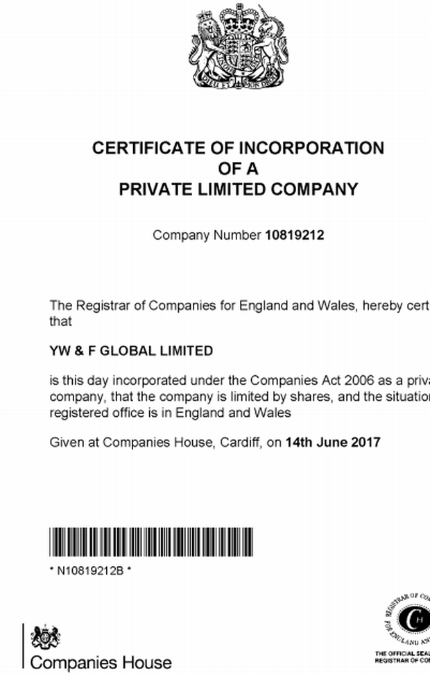  Documento registrazione YW &amp; F Global Limited nel registro delle imprese britanniche 