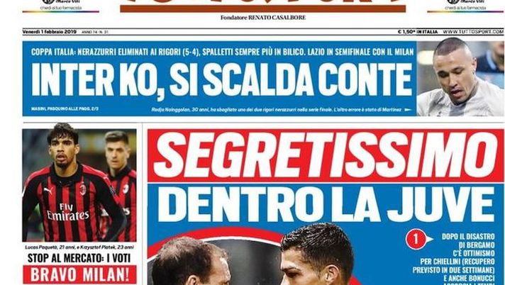 Prima Pagina, Tuttosport: “Segretissimo: dentro la Juve. Bravo Milan! Inter ko, si scalda Conte…” Prima Pagina, Tuttosport: “Segretissimo: dentro la Juve. Bravo Milan! Inter ko, si scalda Conte…”