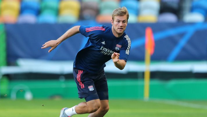 LISBON, PORTUGAL - AUGUST 14: Joachim Andersen of Olympique Lyon in action during the Olympique Lyonnais Training Session ahead of the UEFA Champions League match between Manchester City and Olympique Lyonnais at Estadio Jose Alvalade on August 14, 2020 in Lisbon, Portugal. (Photo by Miguel A. Lopes/Pool via Getty Images) 