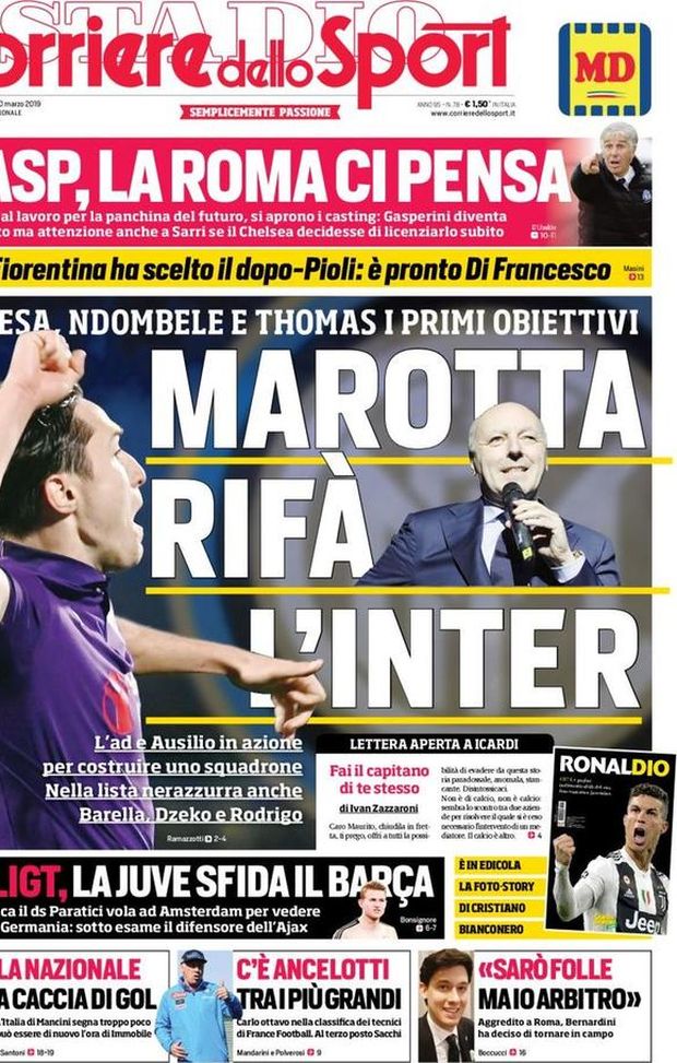 Prima Pagina, Corriere dello Sport: “Marotta rifà l’Inter. Gasp, la Roma ci pensa. De Ligt, la Juve sfida il Barça” Prima Pagina, Corriere dello Sport: “Marotta rifà l’Inter. Gasp, la Roma ci pensa. De Ligt, la Juve sfida il Barça”
