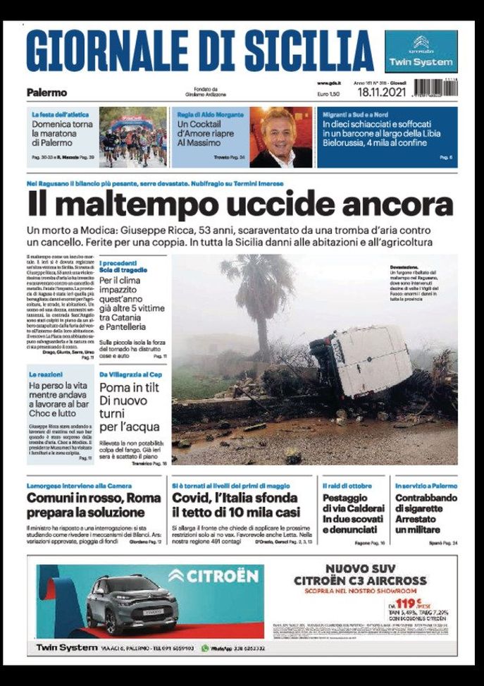 Prima Pagina, Giornale di Sicilia: “Il maltempo uccide ancora”  Prima Pagina, Giornale di Sicilia: “Il maltempo uccide ancora” - immagine 1