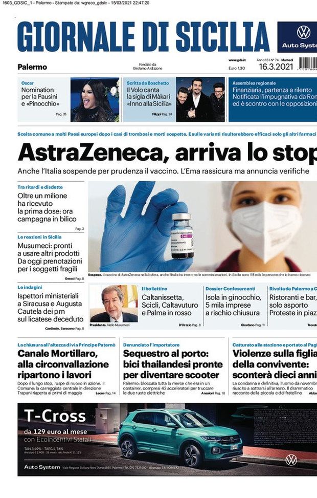 Prima Pagina, Giornale di Sicilia: “AstraZeneca, arriva lo stop. Ora campagna in bilico” Prima Pagina, Giornale di Sicilia: “AstraZeneca, arriva lo stop. Ora campagna in bilico”