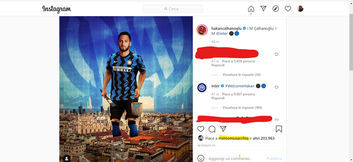 Il post di Calhanolgu e il like di Mateo Musacchio Il post di Calhanolgu e il like di Mateo Musacchio