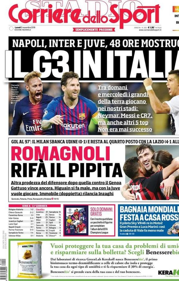 Prima Pagina, Corriere dello Sport: “Romagnoli rifà il Pipita. Il G3 in Italia! Napoli, Inter e Juve…” Prima Pagina, Corriere dello Sport: “Romagnoli rifà il Pipita. Il G3 in Italia! Napoli, Inter e Juve…”