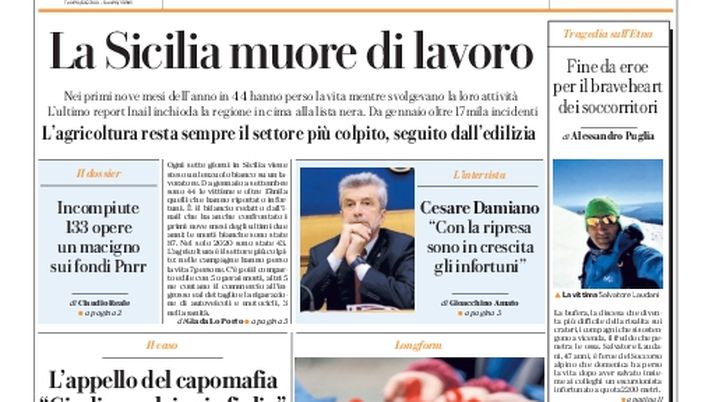 Prima Pagina, La Repubblica-Palermo: &#8220;La Sicilia muore di lavoro&#8221; 