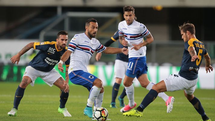 VERONA, ITALY - SEPTEMBER 20: Fabio Quagliarella of UC Sampdoria (2nd L) is challenged by Bruno Zuculini of Hellas Verona (R) during the Serie A match between Hellas Verona FC and UC Sampdoria at Stadio Marc'Antonio Bentegodi on September 20, 2017 in Verona, Italy. (Photo by Emilio Andreoli/Getty Images) VERONA, ITALY - SEPTEMBER 20: Fabio Quagliarella of UC Sampdoria (2nd L) is challenged by Bruno Zuculini of Hellas Verona (R) during the Serie A match between Hellas Verona FC and UC Sampdoria at Stadio Marc'Antonio Bentegodi on September 20, 2017 in Verona, Italy. (Photo by Emilio Andreoli/Getty Images)