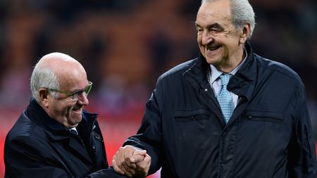 MILAN, ITALY - NOVEMBER 16: President FIGC Carlo Tavecchio (L) and Bruno Pizzul attend the EURO 2016 Group H Qualifier match between Italy and Croatia at Stadio Giuseppe Meazza on November 16, 2014 in Milan, Italy. (Photo by Claudio Villa/Getty Images)