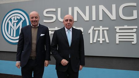 COMO, ITALY - NOVEMBER 13: CEO of FC Internazionale Giuseppe Marotta and CEO of AC Monza Adriano Galliani pose prior to the friendly match between FC Internazionale and AC Monza at the club's training ground Suning Training Center in memory of Angelo Moratti on November 13, 2020 in Como, Italy. (Photo by Emilio Andreoli - Inter/Inter via Getty Images)