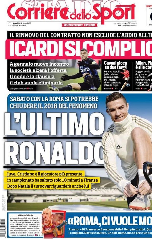 Prima Pagina, Corriere dello Sport: “L’ultimo Ronaldo. Icardi si complica. Milan, Pipita è alla corde…” Prima Pagina, Corriere dello Sport: “L’ultimo Ronaldo. Icardi si complica. Milan, Pipita è alla corde…”