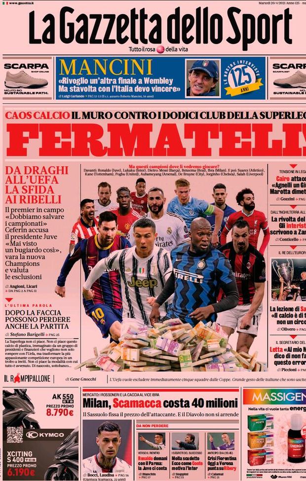 Prima Pagina, La Gazzetta dello Sport: “Fermateli! Da Draghi all’Uefa, la sfida ai ribelli. Milan, Scamacca costa 40 milioni” Prima Pagina, La Gazzetta dello Sport: “Fermateli! Da Draghi all’Uefa, la sfida ai ribelli. Milan, Scamacca costa 40 milioni”