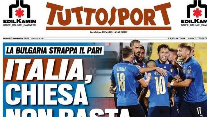 Prima Pagina, Tuttosport: “Chiesa non basta. La Bulgaria strappa il pari all’Italia” 