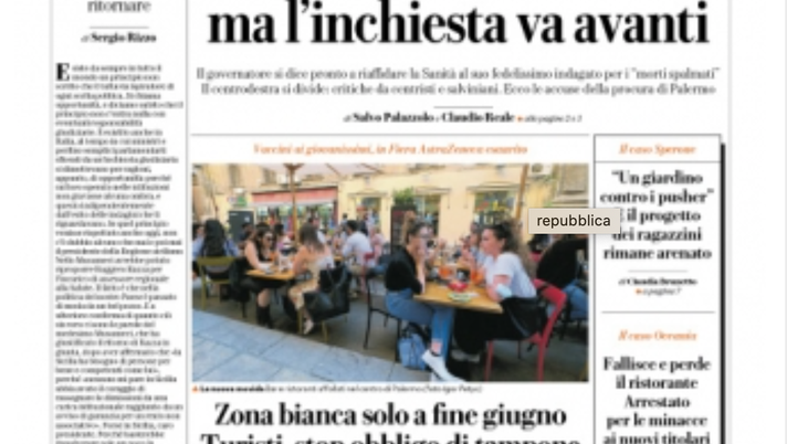 Prima Pagina, La Repubblica Palermo: “Zona bianca a fine giugno, Musumeci assolve Razza” Prima Pagina, La Repubblica Palermo: “Zona bianca a fine giugno, Musumeci assolve Razza”