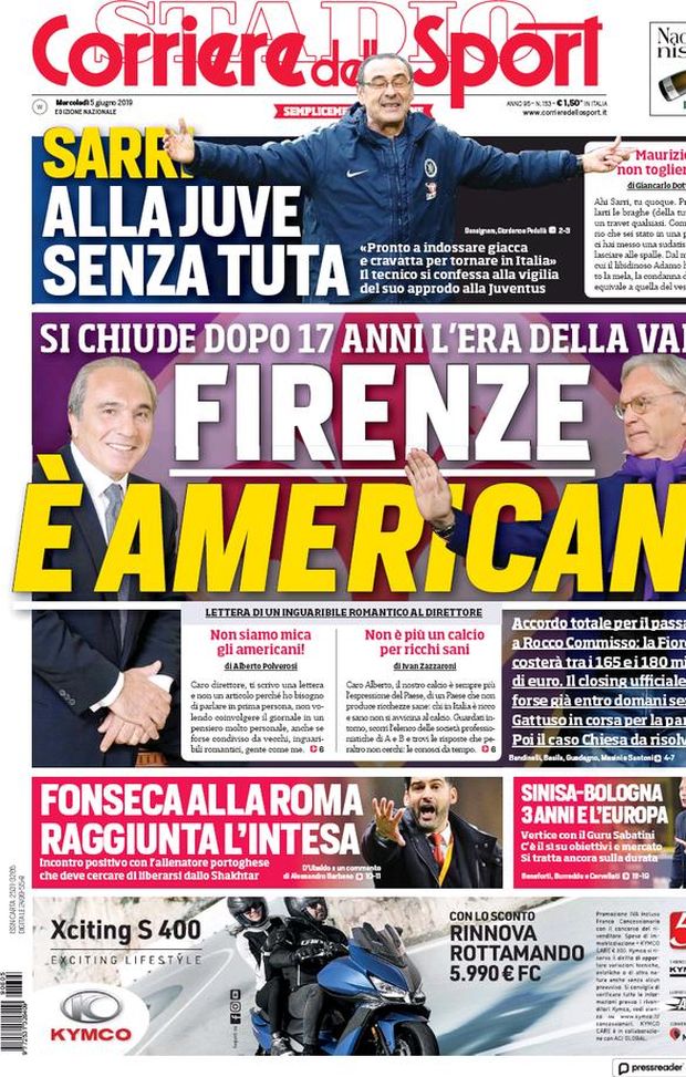 Prima Pagina, Corriere dello Sport: “Firenze è americana. Sarri alla Juve senza tuta. Fonseca alla Roma” Prima Pagina, Corriere dello Sport: “Firenze è americana. Sarri alla Juve senza tuta. Fonseca alla Roma”