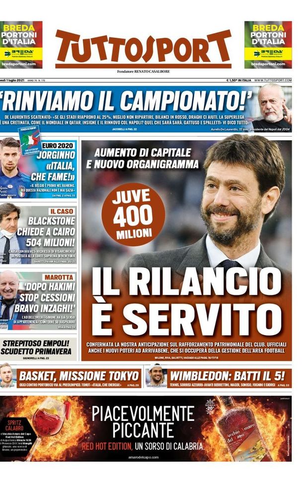 Prima Pagina, Tuttosport: &#8220;Juve, 400 milioni. Il rilancio è servito&#8221; 