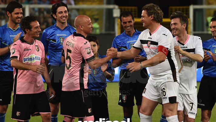 PALERMO, ITALY - JUNE 05:  Salvo Ficarra, Eugenio Corini, Roberto Biffi and Valentino Picone look on during the charity match between Atletico Salvuccio and Real Valentino at Stadio Renzo Barbera on June 5, 2015 in Palermo, Italy.  (Photo by Tullio M. Puglia/Getty Images) 